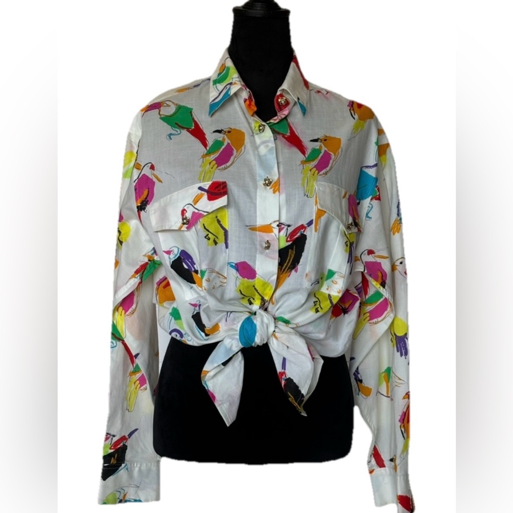 Vintage 80’s Italian Ungaro ter Vibrant Bird Pattern Blouse Sz IT 42/ US8